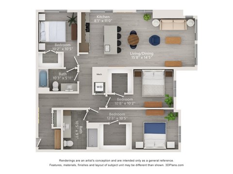 A floor plan of a house with a kitchen, living room, dining room, and three bedrooms.